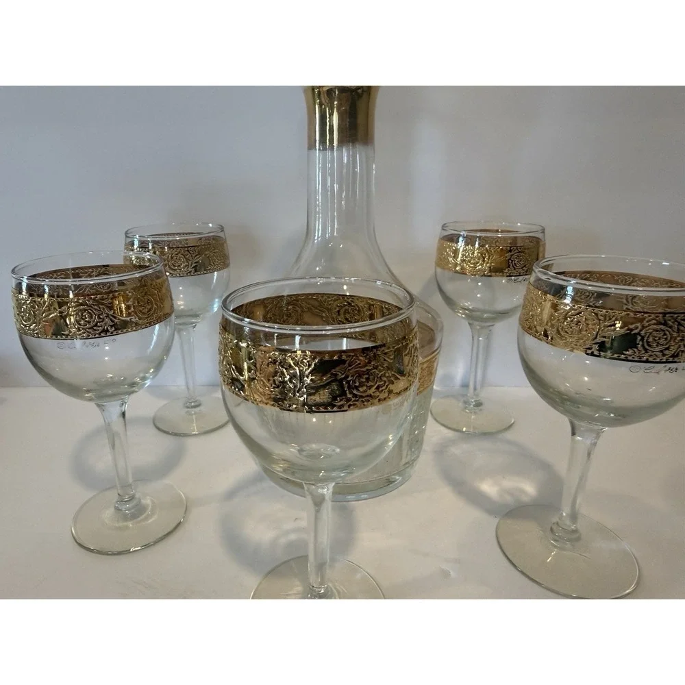 Vintage Culvers Ltd Tyrol 22K Gold Decanter & 5 Wine Glasses Made in USA 1960s